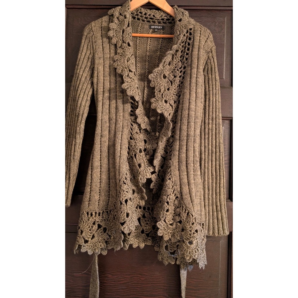 KESSLEY Brown Ribbed Knit Crochet Lace Trim Belted Cardigan Sweater S/M boho - Picture 5 of 9